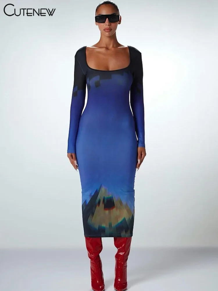 

Cutenew Y2K Fashion Print Square Neck Long Sleeve Maxi Dress Women Autumn Casual Stretchy Slim Lady Long Prom Dresses Streetwear