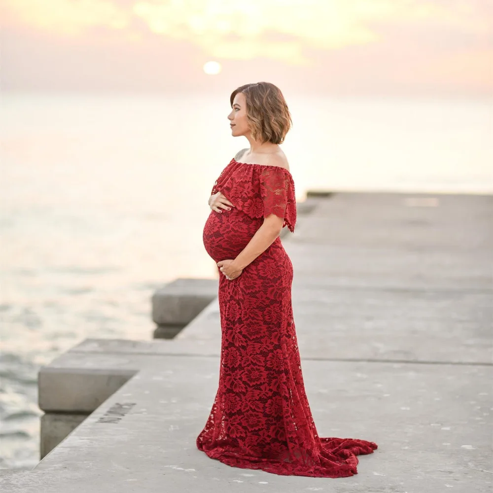 Кружевное платье для беременных Элегантное Длинное приталенное реквизит