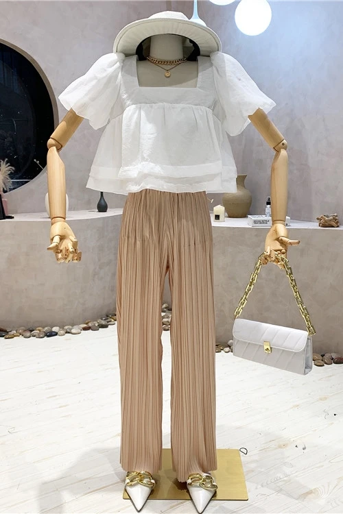 

2021 Summer Sweet Square Collar Bubble Short Sleeve Shirt Top Women High Waist Wide Leg Pleated Pants Lady Two Piece Pants Set