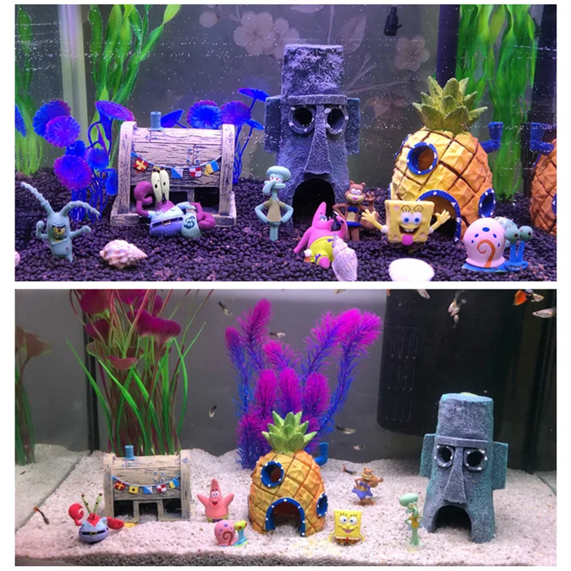 

Cartoon Pineapple House Aquarium Decoration Home Garden Fish Tank Squidward House Ornament Cute Krusty Krab Figure Action Gift