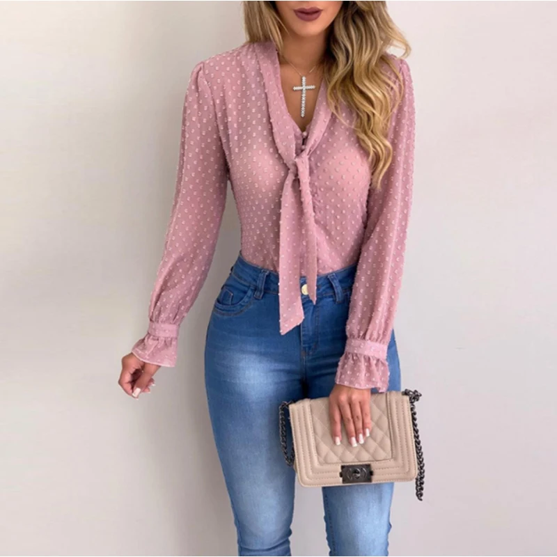 

New Fashion Elegant Chiffon Blouses Long Sleeve V-Neck Women Translucent Shirt Office Blouse Slim Casual Female Top Plus Size