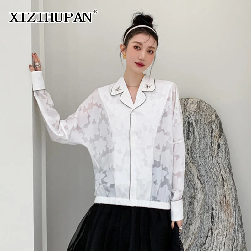 

XIZIHUPAN Vintage Floral Embroidery Shirts For Women Lapel Long Sleeve Perspective White Casual Korean Blouses Female 2021 Style