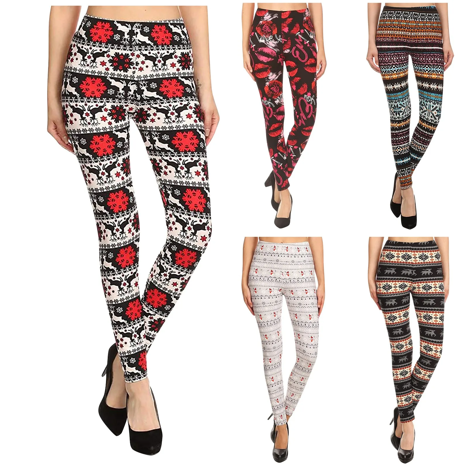 

Christmas Print Leggings Women Slim Fit Elastic Pants Elk Snowflakes Striped Harajuke Leggings Female Flowers Pants Xmas Gifts