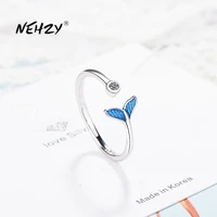 nehzy 925 sterling silver new woman fashion jewelry high quality crystal zircon blue fishtail ring adjustable size open ring