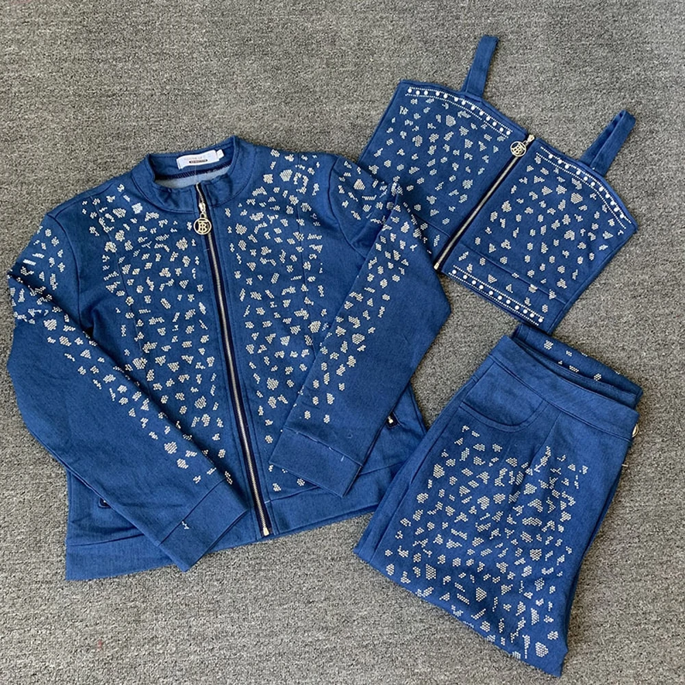 

Комплект из 3 предметов, женский джинсовый костюм с бисером, осенне-зимний комплект из свитшота, топа и брюк, спортивный костюм, комплект из т...