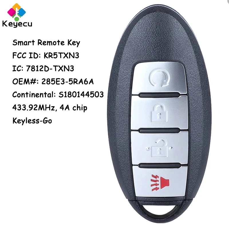 

KEYECU S180144503 433.92MHz Keyless-Go Smart Remote Key With 4 Buttons - FOB for Nissan Kicks 2018 2019 2020, FCC ID: KR5TXN3