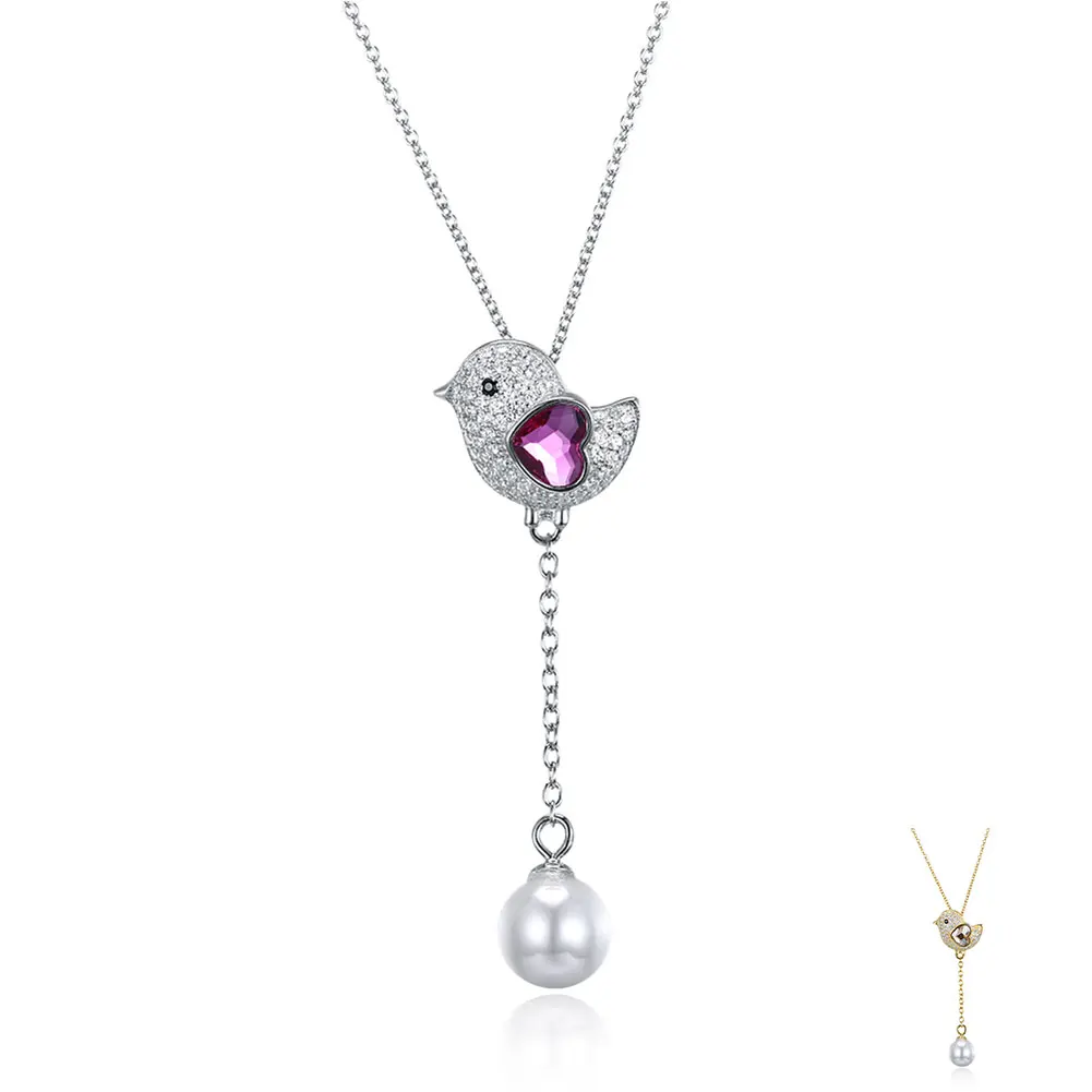 

SILVERHOO Cute Bird 925 Sterling Silver Heart Austria Crystal Pendant Necklace Shell Pearl Double Pendant New Arrivals Jewelry