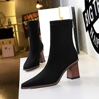 2021 new women square high heels suede boots warm fur boots female black short ankle boots lady winter pointed toe zippers shoes