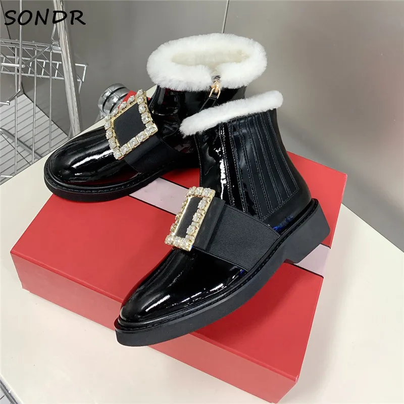 

Роскошные брендовые зимние ботинки из лакированной кожи, ботильоны с квадратным ремешком с пряжкой, женские ботинки Martin с круглым носком и ...