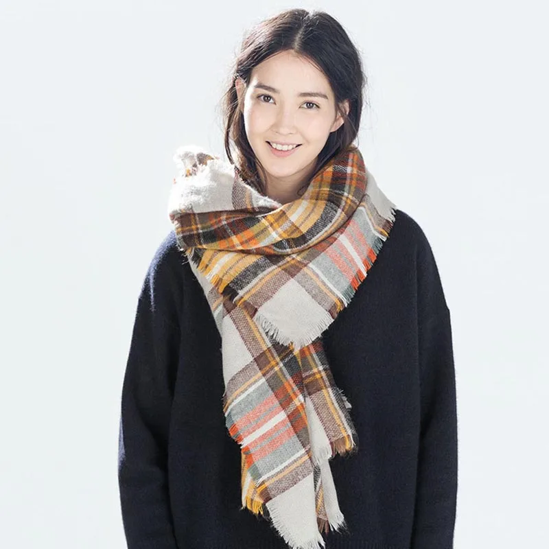 Дизайнерский 2019 вязаный весенне зимний женский шарф в клетку теплые кашемировые