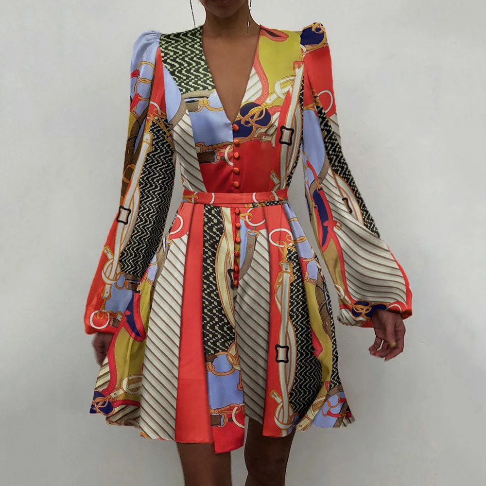 

2021 Women Sexy Dress V Neck Long Sleeve Loose Ol Mini Dress Silk Party Casual Elegant Tunic Button Dresses