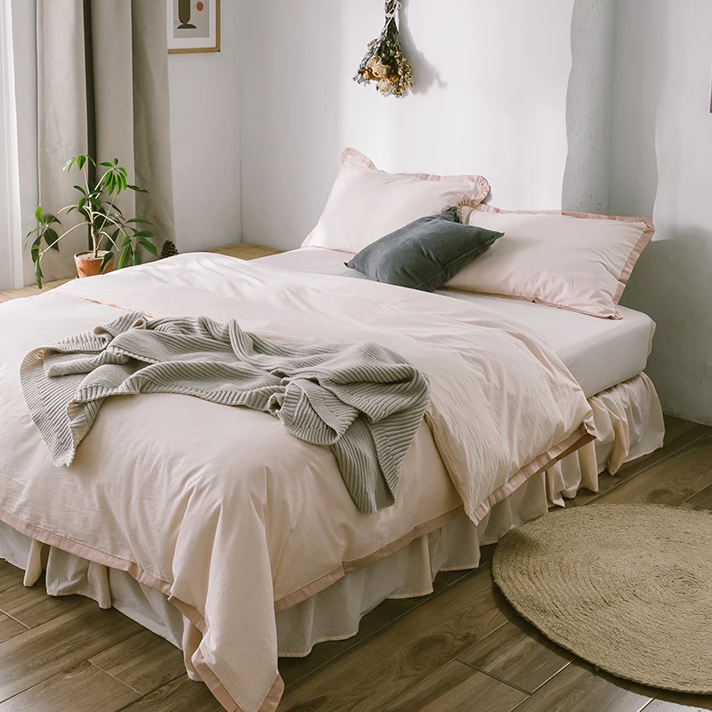 

Washed Cotton Four-Piece Set Contrast Color Cotton Bare Sleeping Ruffled Pure Cotton Japanese Style Minimalist Bed Sheets
