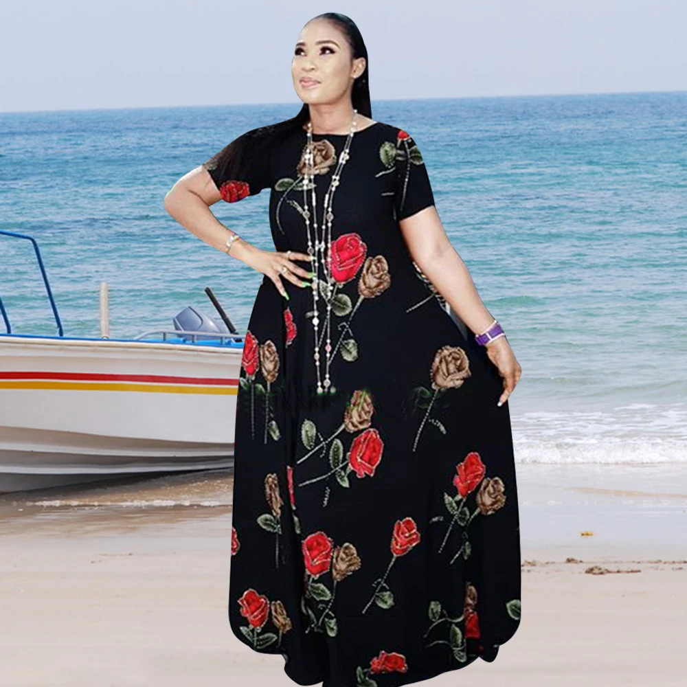 

Backless Sexy Africa Clothes Summer Short Sleeve Vintage Maxi Dress Rose Print Ankara Fashion Daily Dresses For Women 2021