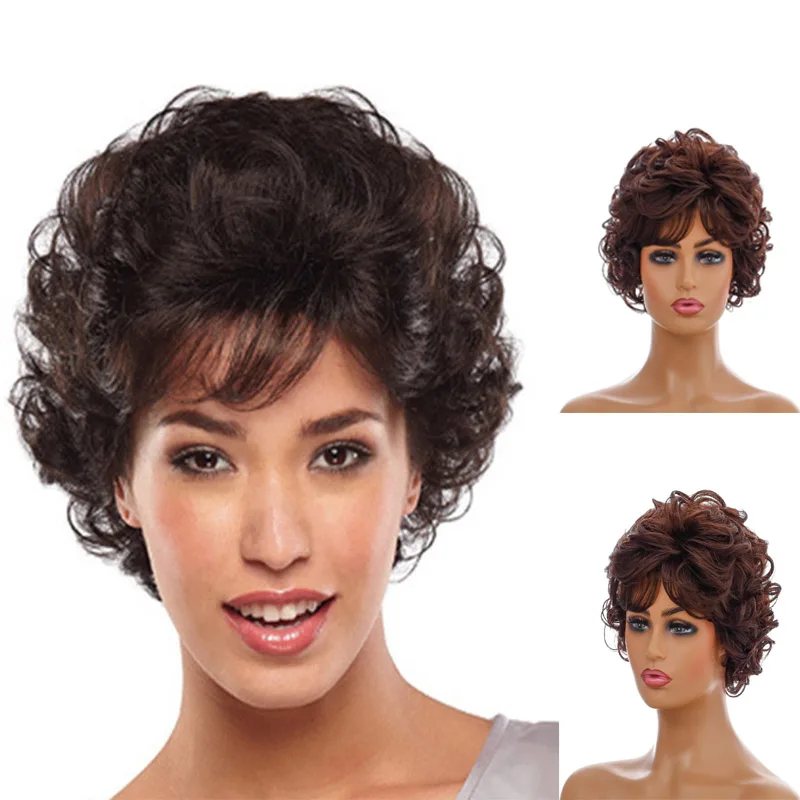 

Dark Brown Short Wavy Curly Wig Synthetic Wig With Bang For Women Daily Party Use Nature Looking Heat Resistant Fiber For Women