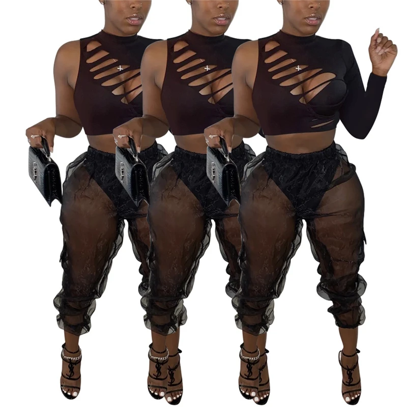 

Zoctuo Mesh Patchwork Two Piece Set Hollow Out Sexy Women'S Set One Long Sleeve Shirt Sheer Organza Pants Set Fashion Club Suits