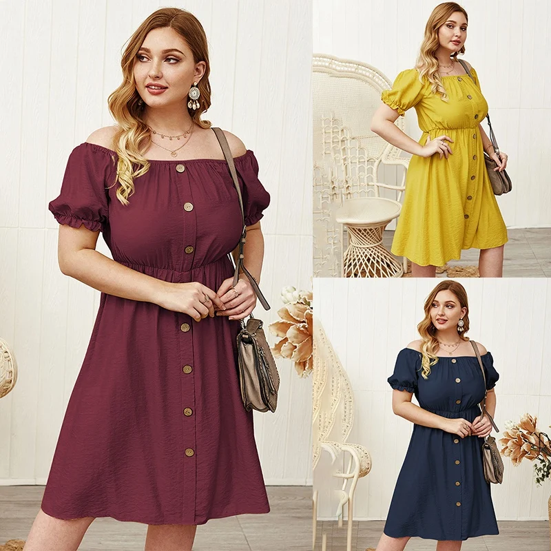 

Sexy Off Shoulder Casual Solid Button A-Line Party Dress Elegant Office Ladies Dresses Summer Clothes