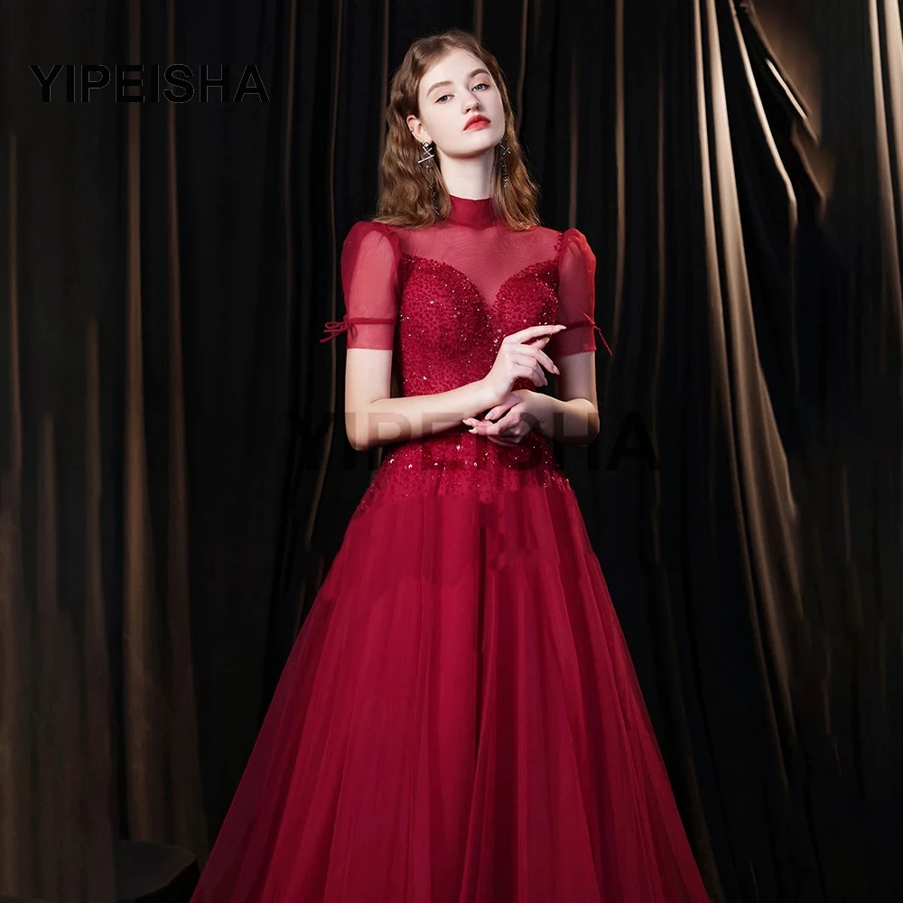 

2021 New IIIusion Short Sleeves Evening Dresses A-Line High Nevk Beading Sequined Backless Prom Party Gown robes de soirée