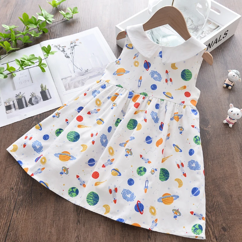

2021 Girls Summer Dress Cartoon Children Printed Peter Pan Collar Girls Party Costumes Sleeveless Toddler Girl Clothing