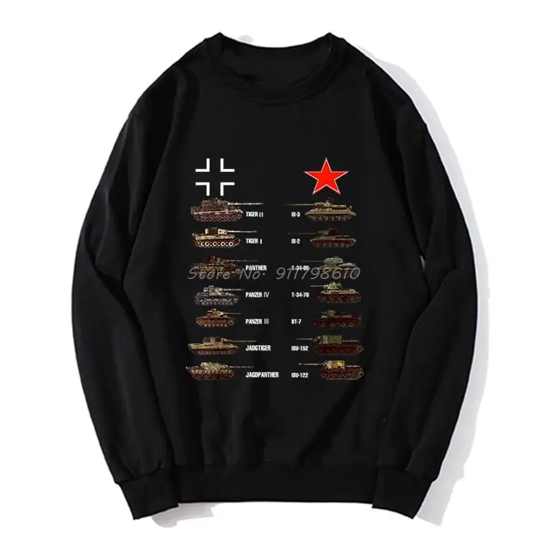 

WW2 Tanks German Soviet Tiger I Tiger II IS-3 T-34 Hoodie Men Spring Autumn Sweater Streetwear Harajuku