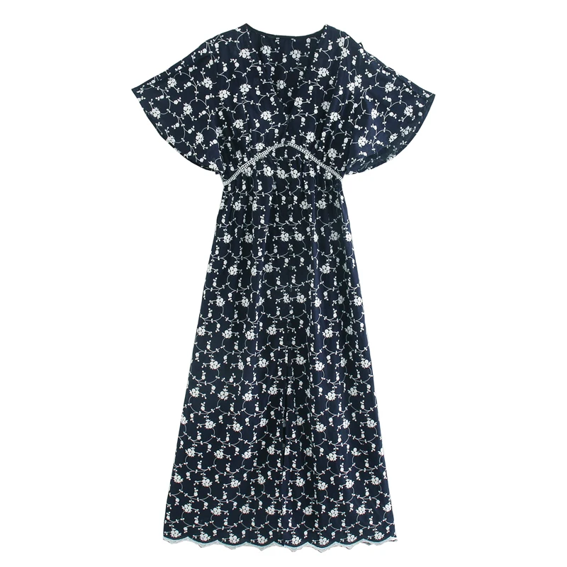 Летнее винтажное платье с v-образным вырезом женское модное тонкое вышивкой