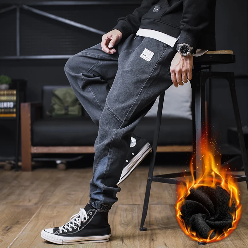 2021 Winter Fashion New Black Warm Thick Man's Denim Pants Streetwear Joggers Harem Fleece Jean Men Plus Size 8XL