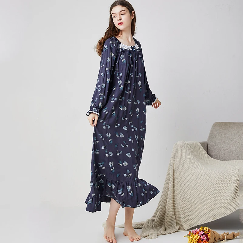 

New Nightgown for Women Cotton Lace Long Sleeve Breathable Loose Sleepdress Home Clothes Nightdress Lady Princess Thin Nighties