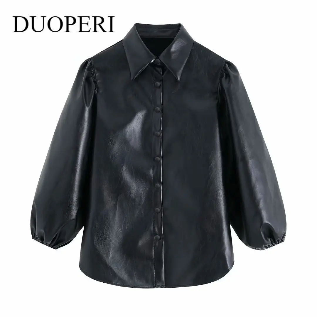 

DUOPERI Women Fashion Faux Leather Shirt Lapel Collar Three Quarter Puff Sleeves Single-breasted Chic Lady Female PU Blouse