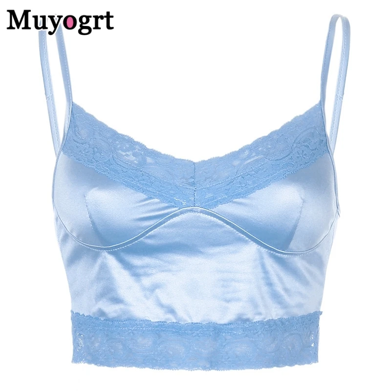 

Muyogrt Satin Camis Lace Hem Crop Top Sweet Staghetti V Neck Top With Strap 2021 Summer Fashion Clothes Sleeveless Club Sexy Top