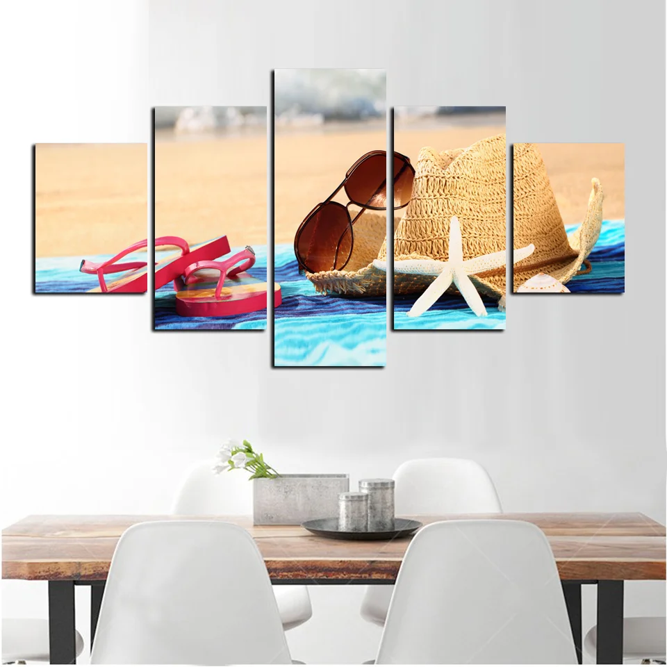 

Wall Art Canvas Painting 5 Panels Beach Sun Hat and Sunglasses Slippers Clean Print as the Living Room to Decorate Artistic Gift