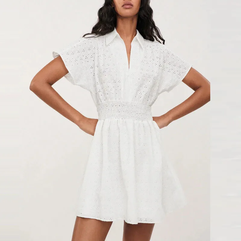 

Женское платье-рубашка с вышивкой ZA, белое винтажное Плиссированное мини-платье с коротким рукавом и поясом на резинке, лето 2021