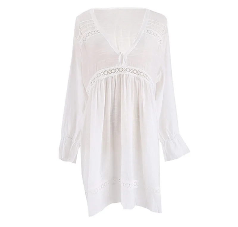

Cover Up Beach Women Swimsuit For Dress New Year 2021 Wear Slub Lace Sexy Neck Shirt Bikini Print Polyester Tunics Swim Suit