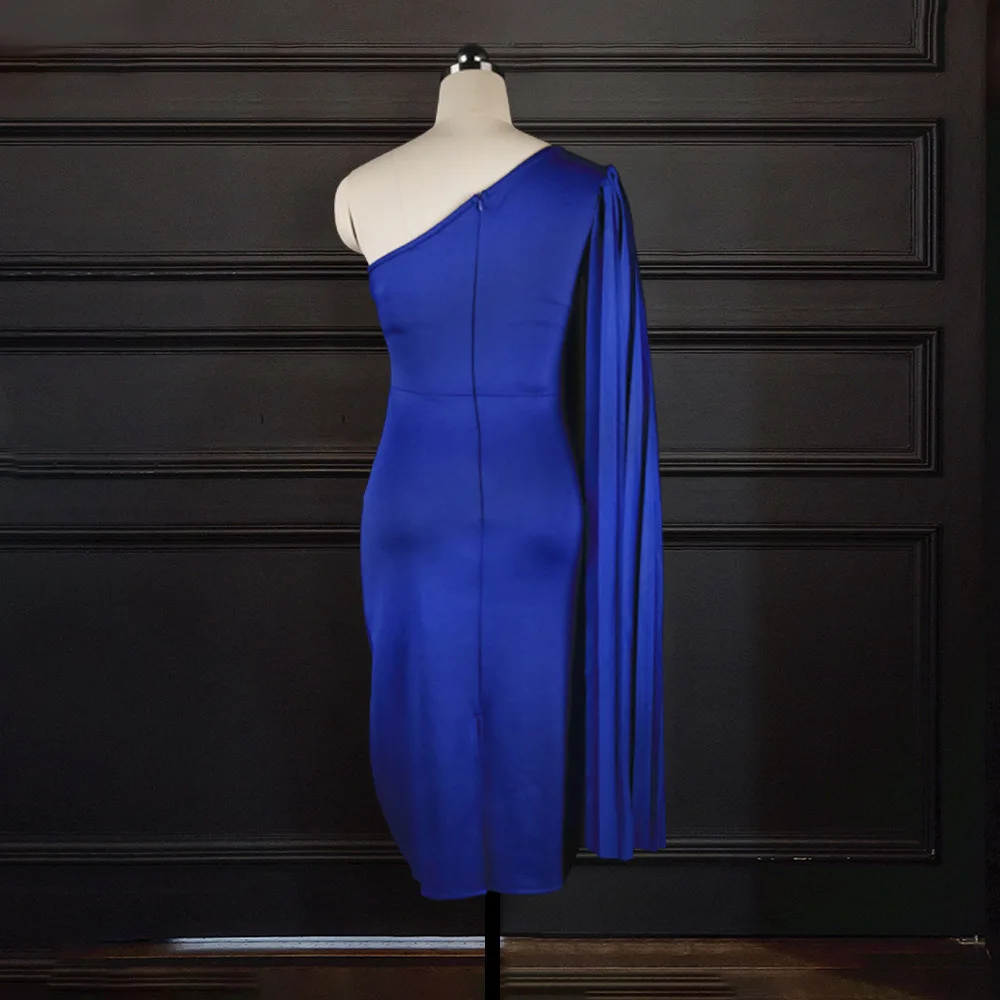

One Shoulder Party Dress Women Sexy Cloak Sleeve Designer Bodycon Elegant Dresses Solid Black Blue Red African Robe New Indie
