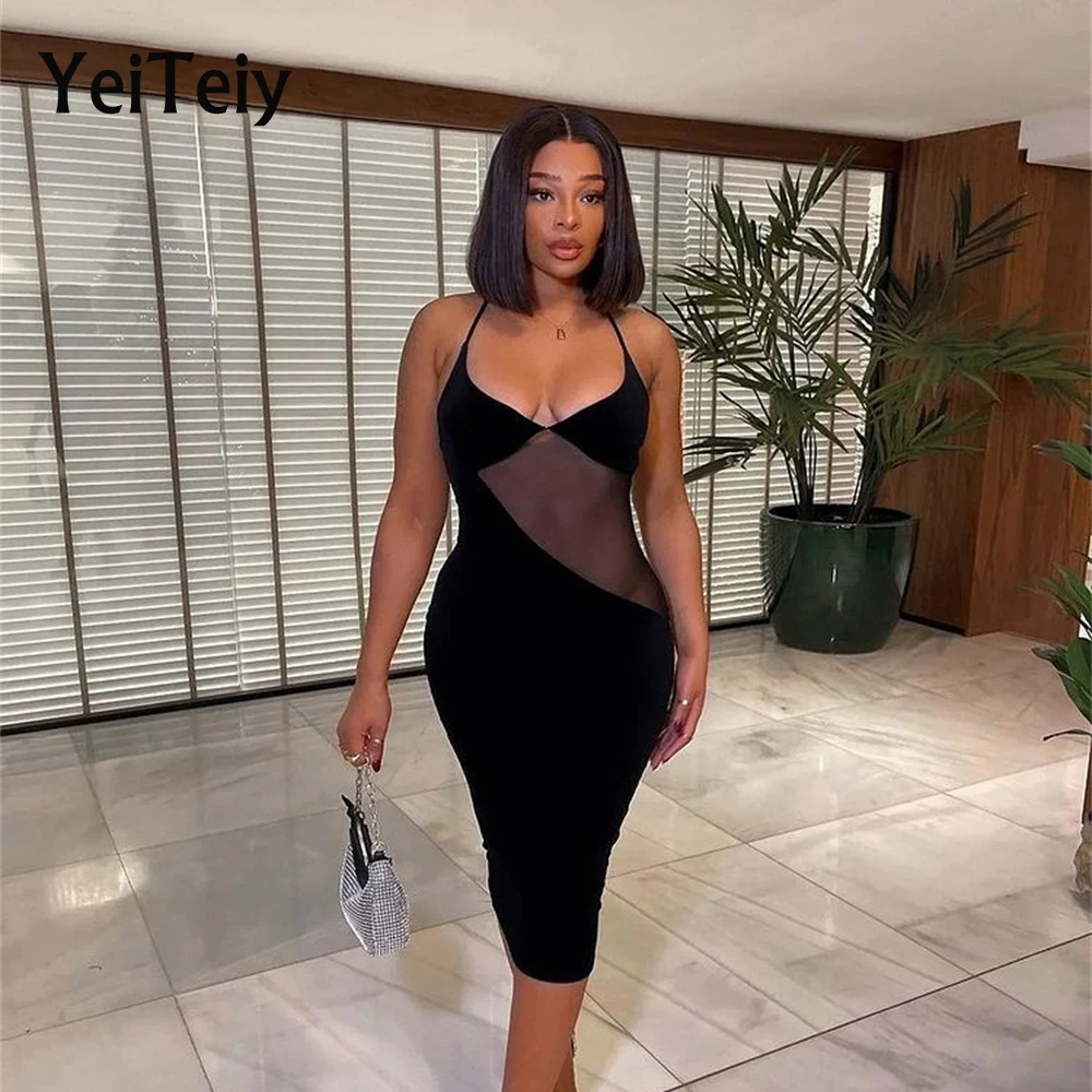 

Yeiteiy Mesh Piece Dress Summer New Style Sexy Sleeveless Slim Sling Skirt Ladies Fashion Simple Clothing