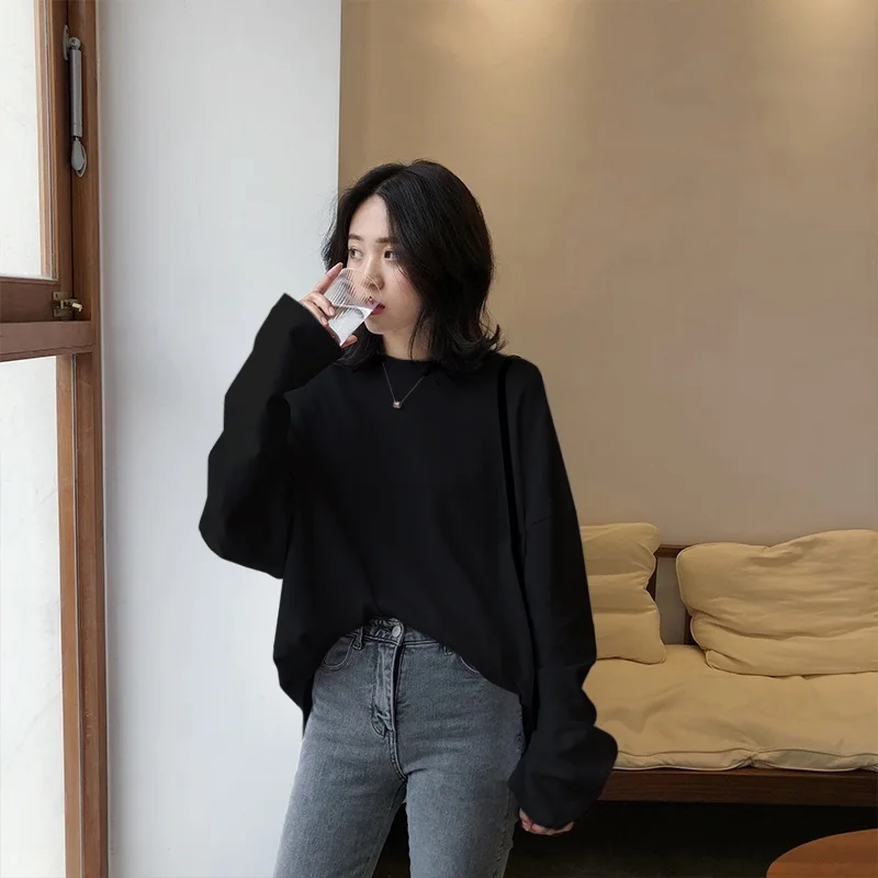 

2021 spring Solid Simple oversized tshirt harajuku long T Shirt Women kawaii T-shirts Women 90s White yellow long Sleeve Tops