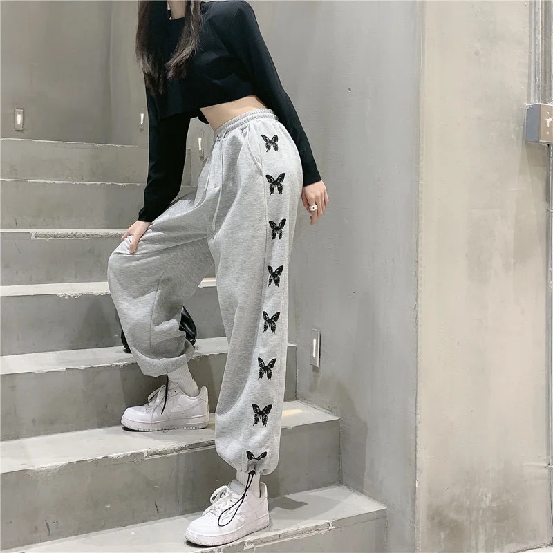 Side Butterfly Print Sweatpants Women's Summer Thin Style Drawstring Cotton Loose Casual Fashion Jogger Trousers Cargo Pants