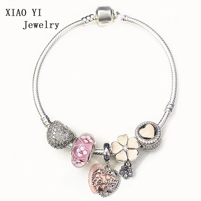 

XIAOYI 100% s925 new 2020 Christmas winter Pink flower love heart inlaid confession Simple original bracelet fashion woman