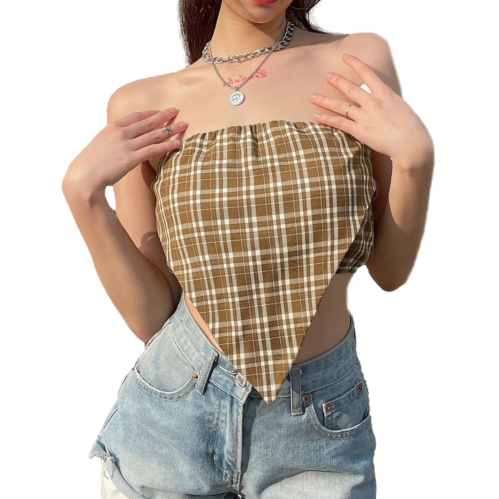 

Ladies Summer Sexy Chest Wrap, Creative Plaid Kerchief Decoration Irregular Hem Strapless Sleeveless Top Back Zipper Camisole
