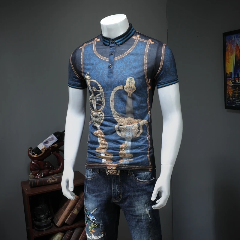 Футболка-поло с коротким рукавом золотисто-синяя Клубная вечерние принтом для