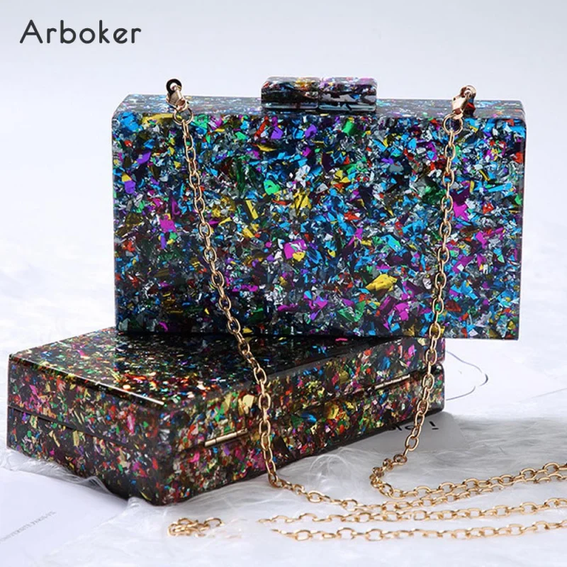 Glitter Acrylic Evening Bag Women Hard Box Stylish Muli-color Sequin Hand Bags Bridal Bling Wedding Party Clutch Chain Purse