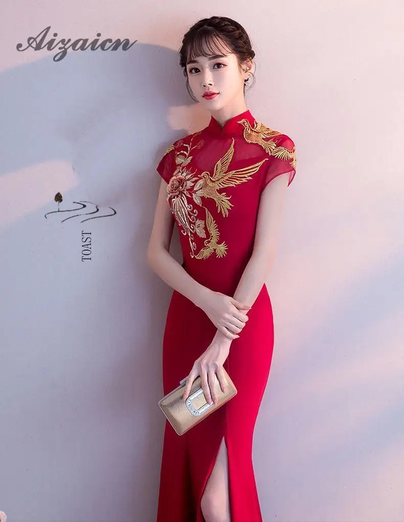 Вышивка Cheongsam длинное традиционное китайское винтажное платье красное свадебное платье Русалка сексуальное платье Ципао с разрезом Современные платья
