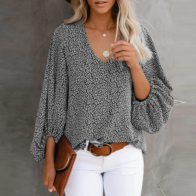 

Elegant Spring Lantern Sleeve Blouse Shirt Summer Vintage Print Shirts Tops Fashion V-Neck Loose Women Blusa Pullover Streetwear