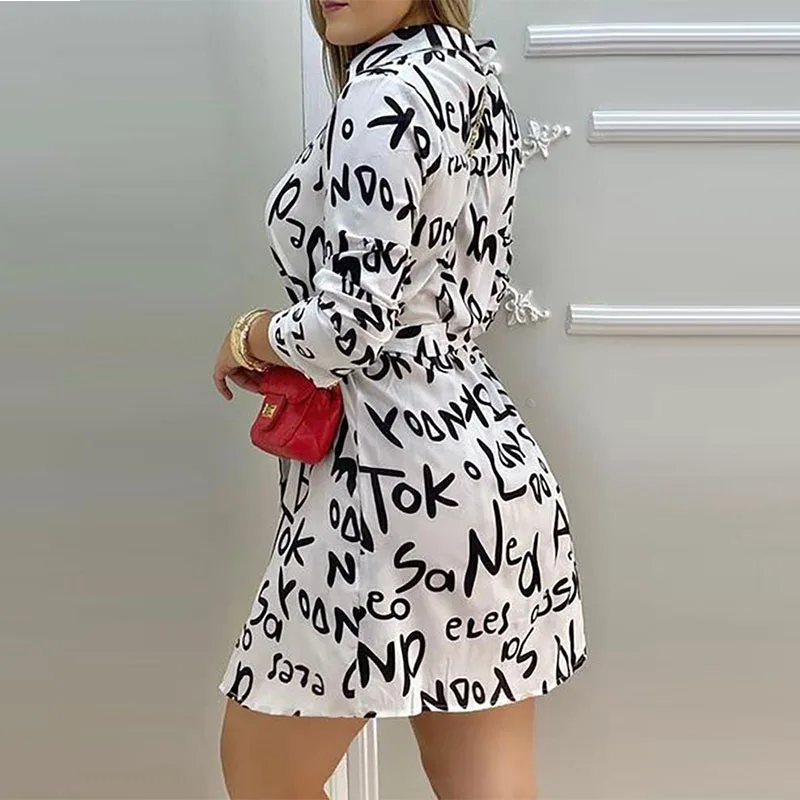 

Office Lady Fashion Elegant Turn-down Collar Party Dress Spring Summer Casual Long Sleeve Shirt Dress Women Print Mini Dress