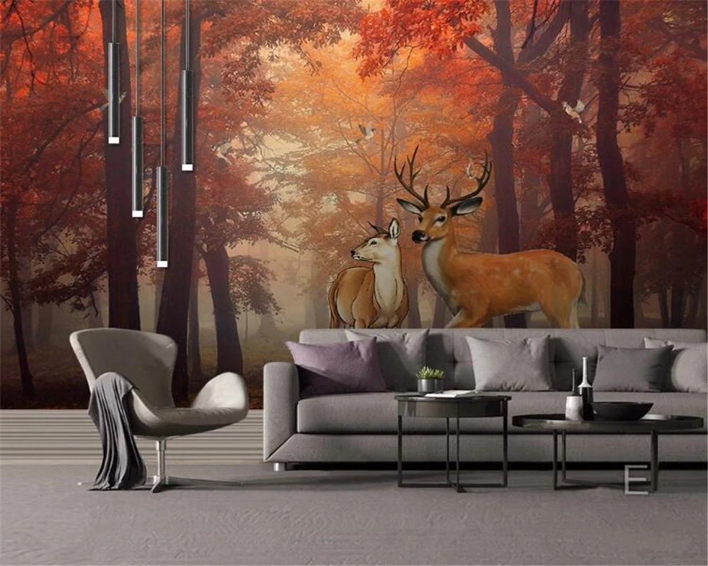 

Обои Beibehang на заказ, картина маслом, золотой лес, пара оленей, фон для телевизора, украшение для гостиной, спальни, 3d обои