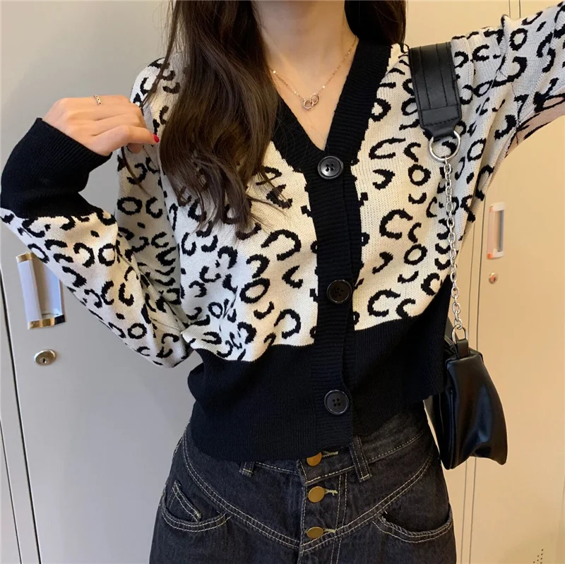 CMAZCMAZReal Shot реальная цена кардиган с леопардовым принтом женский короткий свитер| |