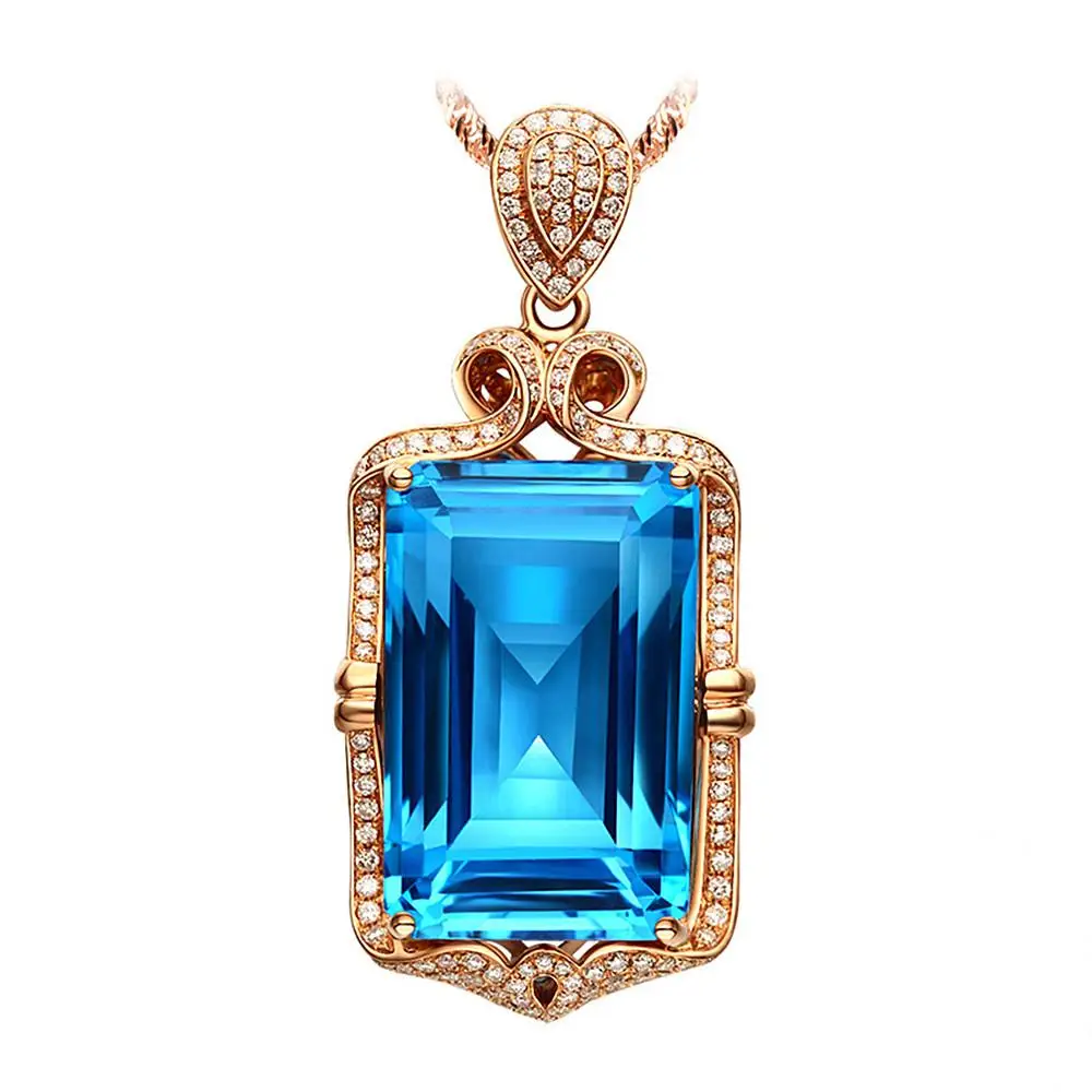 

Luxury 5 carats blue crystal topaz aquamarine gemstones pendant necklaces for women rose gold color choker jewelry bijoux bague
