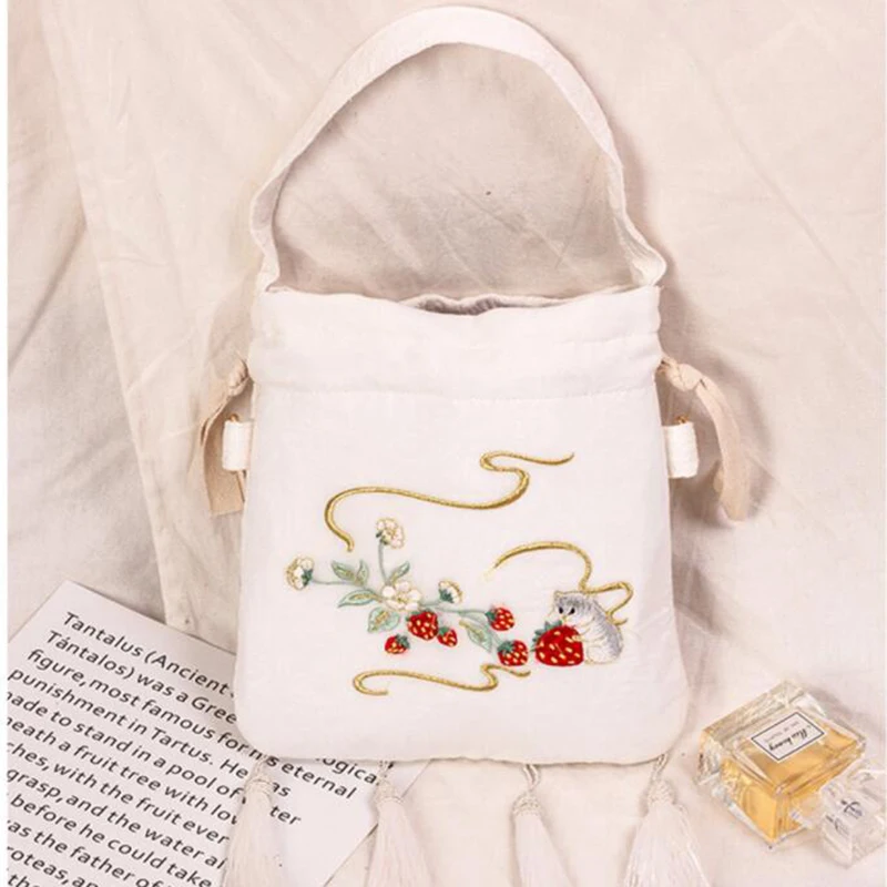 

Angelatracy 2021 Lady New Arrival Hanfu Chinese Strawberry Fruit Pearl Chain Tassel Women Cross body Totes Bucket Drawstring Bag