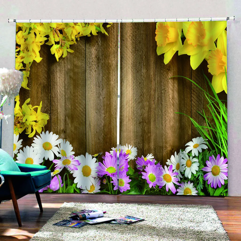 

yellow flower brown woods curtains Window Blackout Luxury 3D Curtains set For Bed room Living room Office