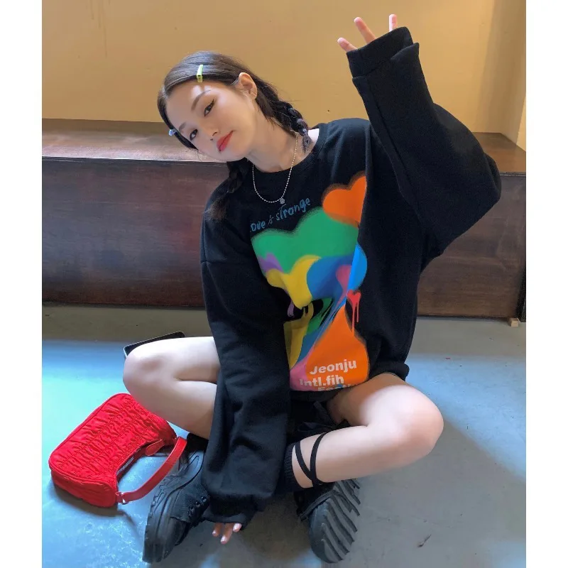 

Женский свитшот с длинным рукавом, Свободный пуловер в стиле Харадзюку с принтом в виде любовных шаров, свитшот для студенток, весна-осень