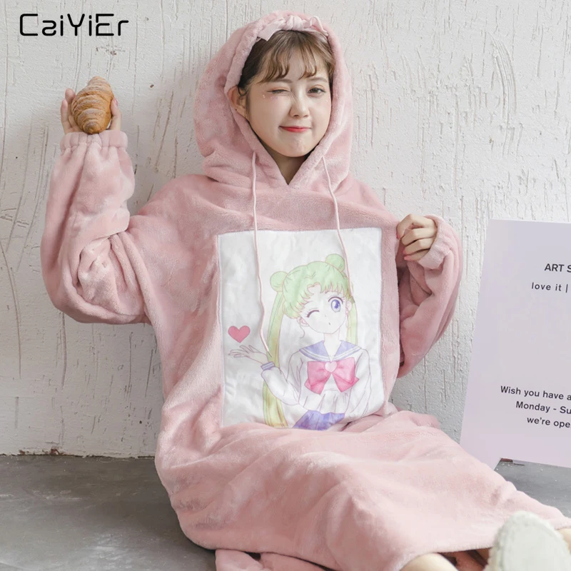Caiyier мягкая зимняя фланелевая ночная рубашка с капюшоном прекрасный розовый