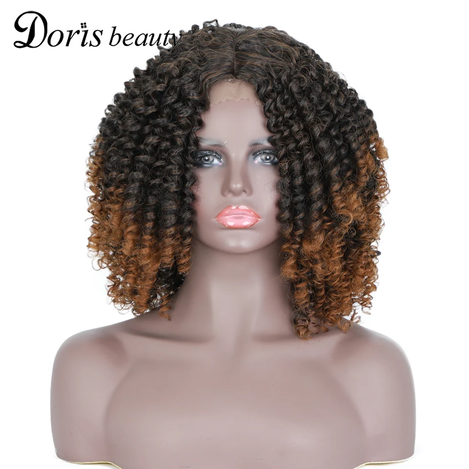 

Short Afro Kinky Curly Wigs with Lace Ombre Brown Synthetic Wigs for Black Women Middle Part Nature Hair Black Daily Cosplay Wig
